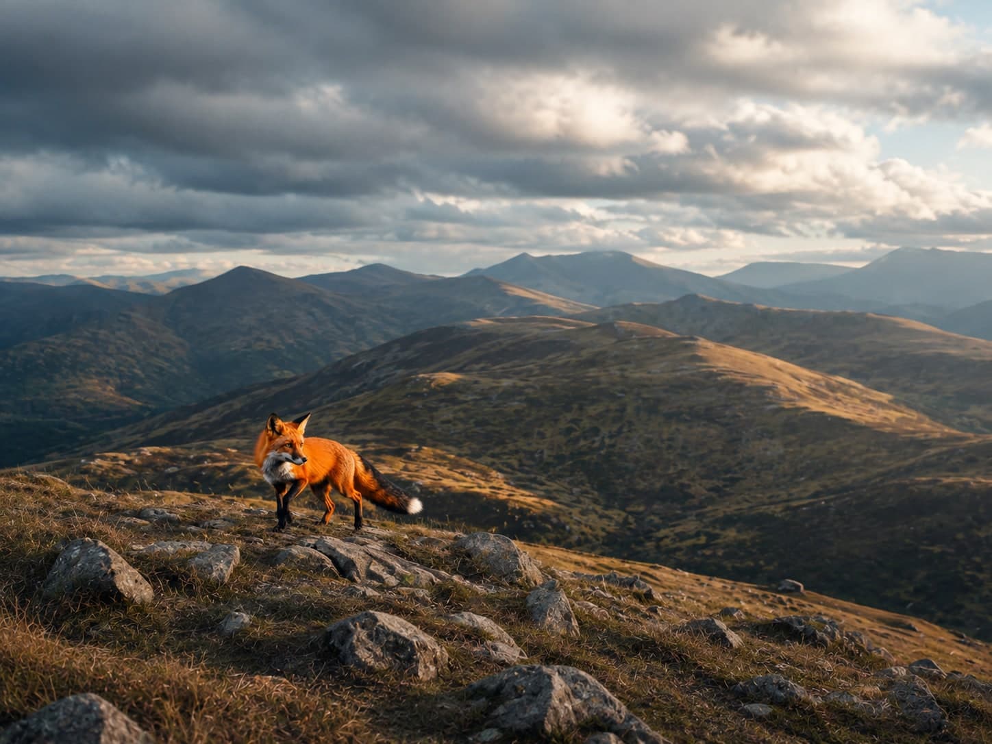 A fox on a rocky ridgeline overlooking mountain terrain at first light